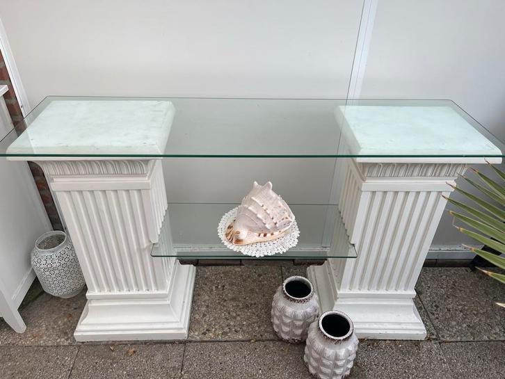 Luxe Glazen Console Tafel met Griekse Zuilen, Huis en Inrichting, Tafelonderdelen, Zo goed als nieuw, Tafelblad, 100 tot 150 cm