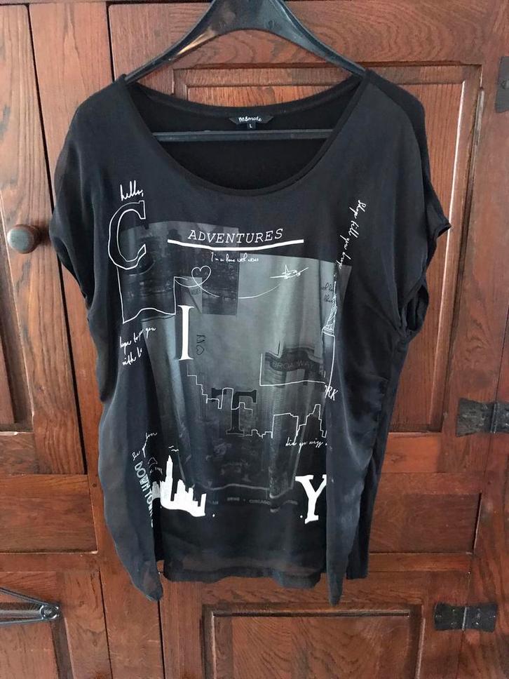 Leuke zwarte MS Mode Top met witte New York Printjes maat L, Kleding | Dames, Tops, Zo goed als nieuw, Maat 42/44 (L), Zwart, Korte mouw