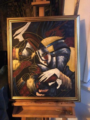 Moderne abstracte schilderij – Origineel werk in goudlijst beschikbaar voor biedingen