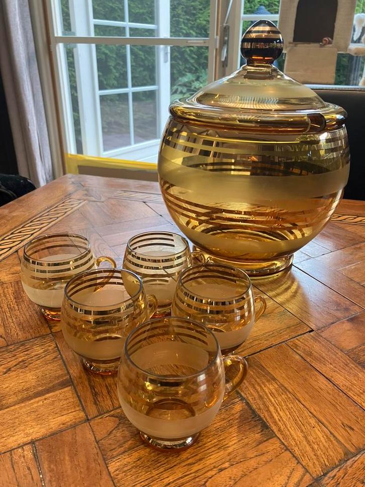Vintage amberkleurige glazen  Bowl set / Booms glas, Antiek en Kunst, Antiek | Glas en Kristal, Ophalen of Verzenden
