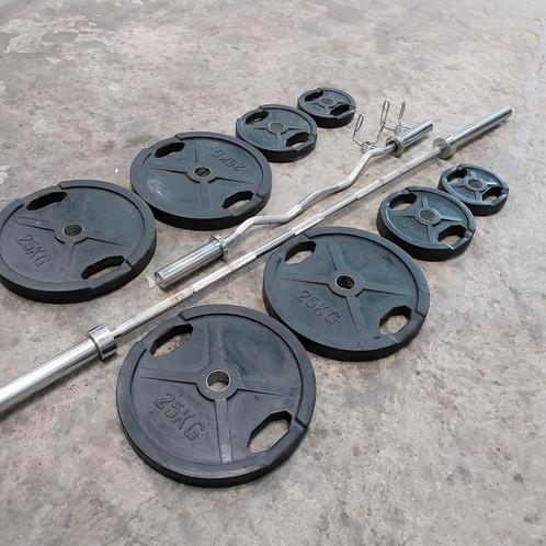 Rubber grip Olympische Gewichten + 220cm barbel + ez curlbar, Sport en Fitness, Fitnessmaterialen, Zo goed als nieuw, Halterschijven