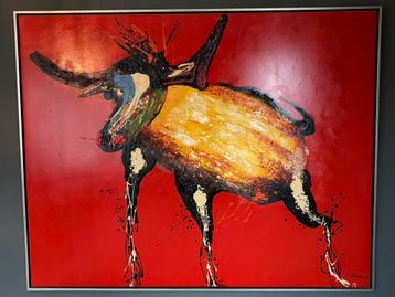 Orig. schilderij van O. Durán expressieve stier op rood doek beschikbaar voor biedingen