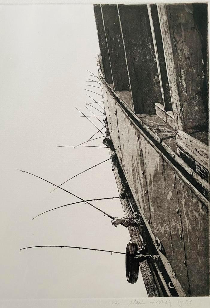 Ets Wim v/d Meij; “Vissers”, oplage 25, Antiek en Kunst, Kunst | Etsen en Gravures, Ophalen