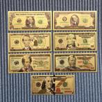 7 st. 24k bladgouden Dollar Biljetten 1/2/5/10/20/50/100, Verzenden, Buitenland, Bankbiljetten