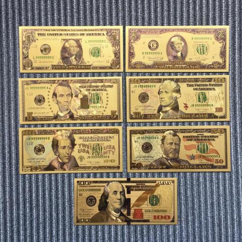 7 st. 24k bladgouden Dollar Biljetten 1/2/5/10/20/50/100, Postzegels en Munten, Munten en Bankbiljetten | Verzamelingen, Bankbiljetten