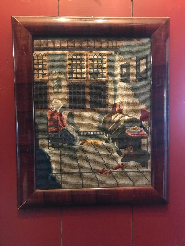 Antiek borduurwerk in mahonie lijst *Nous Deux*, Antiek en Kunst, Curiosa en Brocante, Ophalen of Verzenden