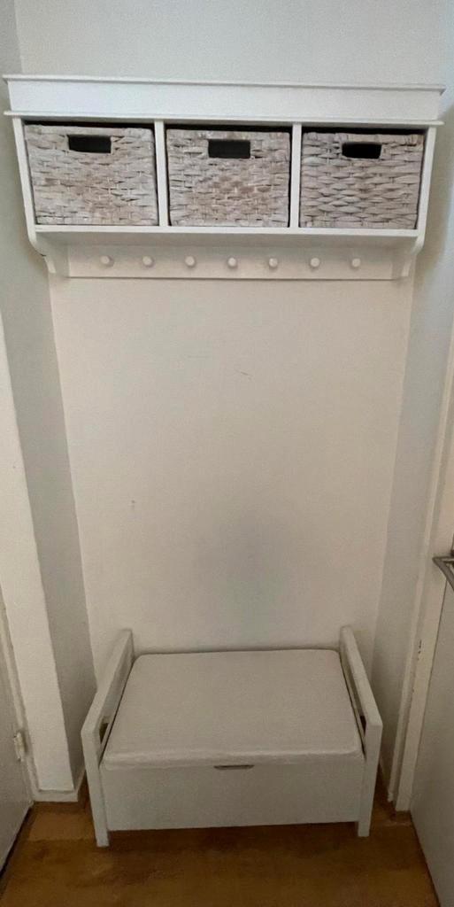 Mooie kapstok met 3 rieten mandjes en opbergbankje, Huis en Inrichting, Woonaccessoires | Kapstokken, Gebruikt, Wandkapstok, Minder dan 100 cm