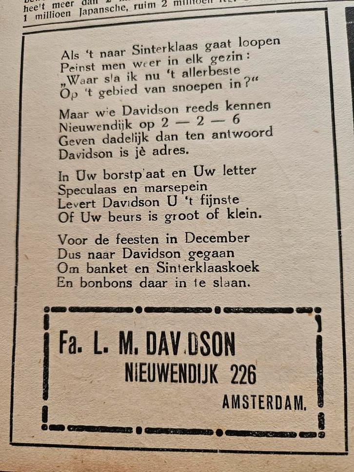 Oude Sinterklaas Reclame Knipsel Davidson Amsterdam, Diversen, Sinterklaas, Ophalen of Verzenden