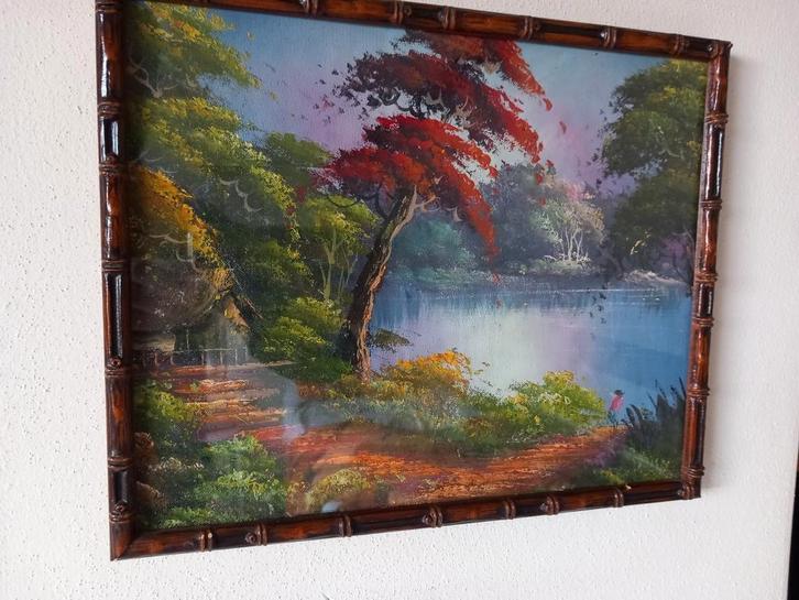 Indisch schilderijtje vuurboom imitatie bamboe takken lijst, Antiek en Kunst, Kunst | Niet-Westerse kunst, Ophalen of Verzenden