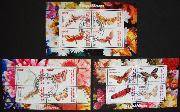 - 676 - 3 Blokken met 12 versch. Vlinders., Postzegels en Munten, Postzegels | Thematische zegels, Gestempeld, Dier of Natuur