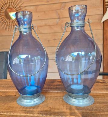 2 blauwe glazen windlichten voor waxinelichtje beschikbaar voor biedingen