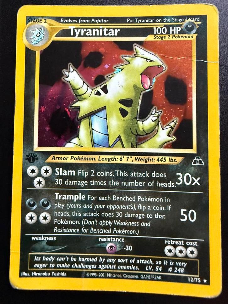 1st Edition Tyranitar 12/75 Holo - Neo Discovery, Hobby en Vrije tijd, Verzamelkaartspellen | Pokémon, Gebruikt, Losse kaart, Ophalen of Verzenden