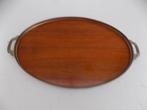 teak retro dienblad metalen rand en handgrepen mid century, Huis en Inrichting, Ophalen of Verzenden, Gebruikt, Ovaal, Hout