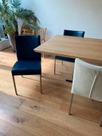 6 eetkamer stoelen van blauw en ecru leer, Huis en Inrichting, Ophalen, Gebruikt, Bruin, Leer