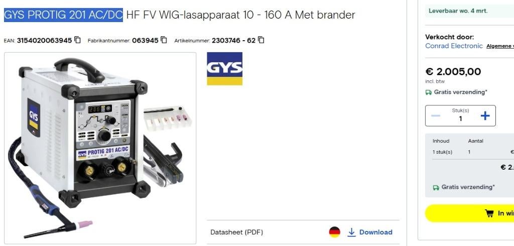 GYS PROTIG 201 AC/DC gebruikt, Ophalen, Gebruikt, 150 tot 250 ampère, Tig