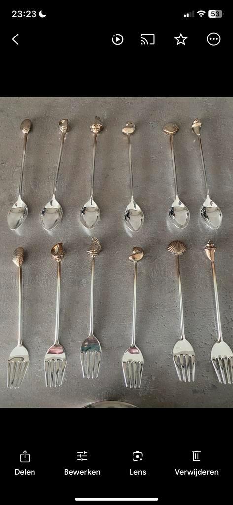 Shell Verzilverde Gebaksvorkjes & Lepeltjes + Beker, Antiek en Kunst, Antiek | Bestek, Ophalen of Verzenden