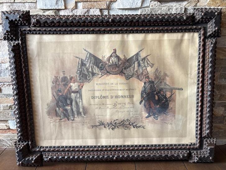 Diploma d’honneur in een prachtige lijst soldaten oorkonde, Antiek en Kunst, Curiosa en Brocante, Ophalen
