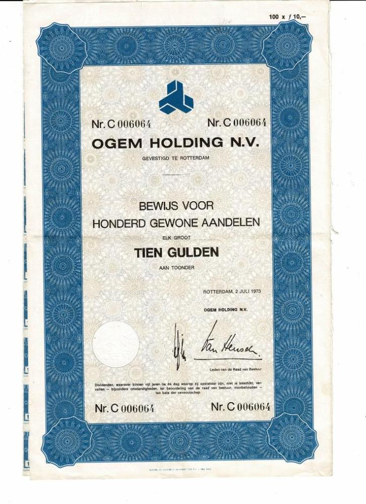 4 x Ogem Holding - Rotterdam 1973 - 1- 10- 100 x ƒ 10, Postzegels en Munten, Aandelen en Waardepapieren, Aandeel, 1970 tot heden