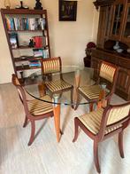 Glazen Eettafel met 4 mahonie hout Stoelen, Huis en Inrichting, Tafels | Eettafels, Ophalen, Rond, Vijf personen of meer, Kersenhout