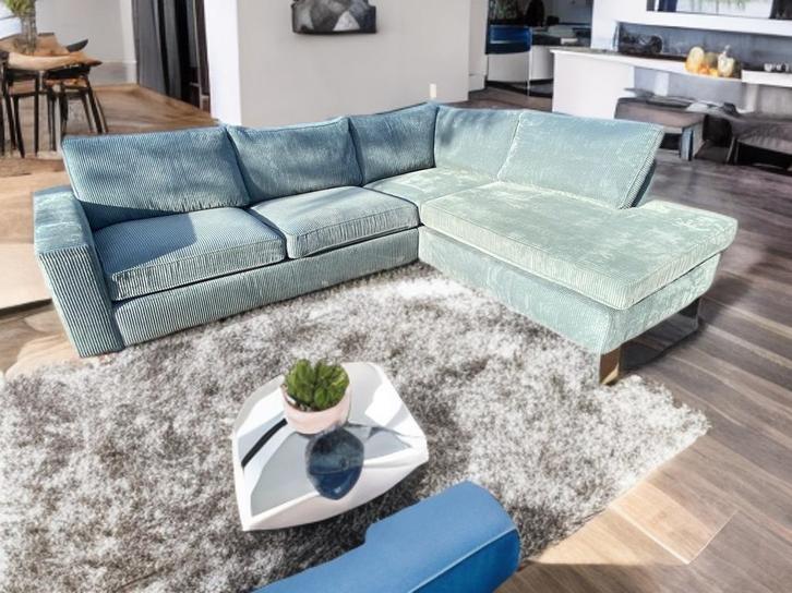 !!ACTIE!! TURQOISE RIBSTOF HOEKBANK, GRATIS LEVERING, Huis en Inrichting, Banken | Bankstellen, Zo goed als nieuw, Hoekbank, Vierpersoons of meer