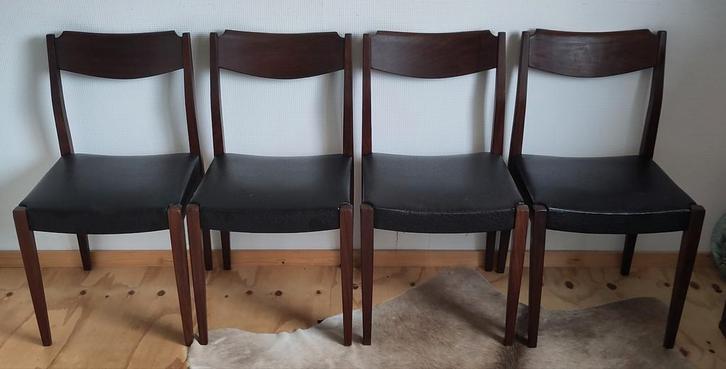 Prachtige vintage hout met skai jaren 60 eetkamerstoelen, Huis en Inrichting, Stoelen, Gebruikt, Vier, Hout, Leer, Overige kleuren