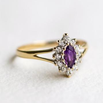 Vintage 9K gouden cluster ring met Amethist & CZ maat 17,25 beschikbaar voor biedingen