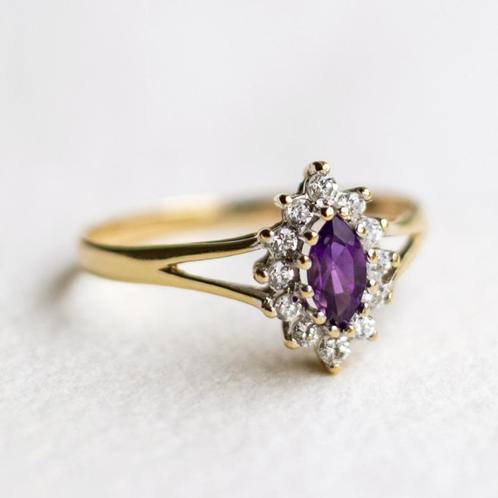 Vintage 9K gouden cluster ring met Amethist & CZ maat 17,25, Sieraden, Tassen en Uiterlijk, Ringen, Zo goed als nieuw, Dame, 17 tot 18