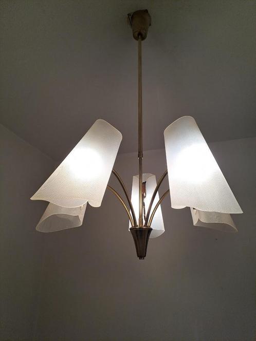 Jaren 50 design hanglamp, luchter, Huis en Inrichting, Lampen | Hanglampen, Gebruikt, 75 cm of meer, Glas, Kunststof, Metaal, Ophalen