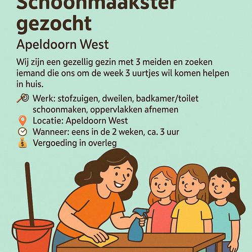 Schoonmaakster gezocht, Vacatures, Vacatures | Schoonmaak en Facilitaire diensten, Overige niveaus, Vanaf 3 jaar, Overige vormen