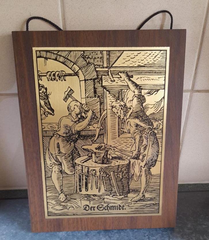 Koper: wandgravure en twee wandbordjes., Antiek en Kunst, Antiek | Koper en Brons, Koper, Ophalen of Verzenden