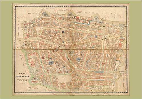 Grote landkaart plattegrond van Leiden uit ~1870, Boeken, Atlassen en Landkaarten, Zo goed als nieuw, Landkaart, Wereld, 1800 tot 2000