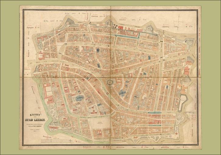Grote landkaart plattegrond van Leiden uit ~1870, Boeken, Atlassen en Landkaarten, Zo goed als nieuw, Landkaart, Wereld, 1800 tot 2000