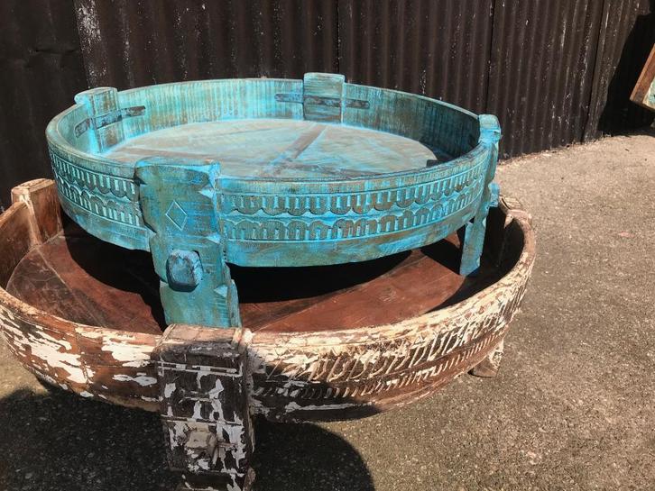 Indiase Chakki tafel uit India massief hout blauw, Huis en Inrichting, Tafels | Salontafels, Nieuw, Minder dan 50 cm, 50 tot 100 cm