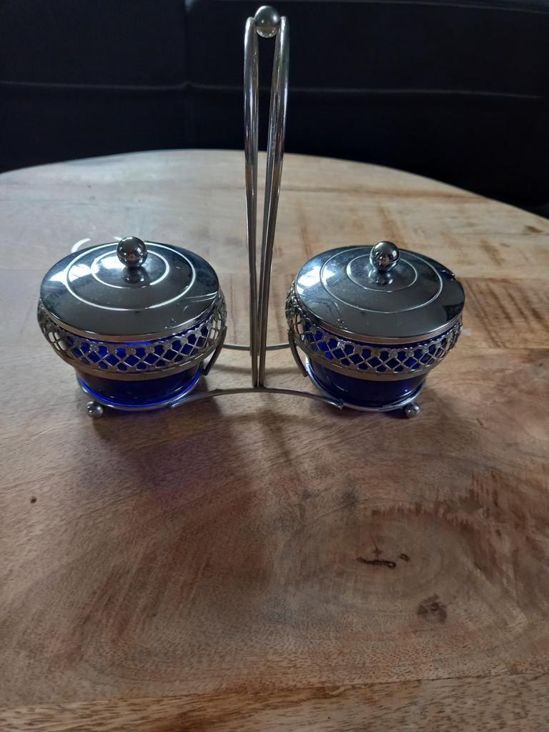 Verchroomde jam standaard met blauwe schaaltjes, Antiek en Kunst, Ophalen of Verzenden