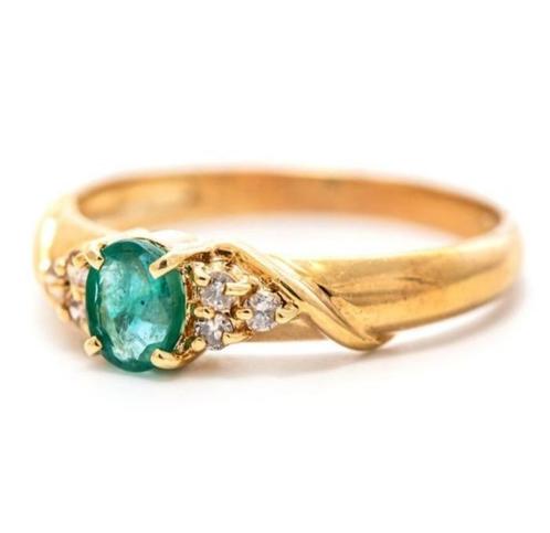 18 K gouden ring bezet met smaragd 0,37 Ct en diamneten, Sieraden, Tassen en Uiterlijk, Ringen, Zo goed als nieuw, Dame, Kleiner dan 17