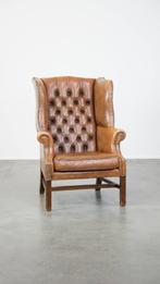 Klassieke vintage rundleren Engelse chesterfield oorfauteuil, Huis en Inrichting, Fauteuils, Ophalen, Gebruikt, ., .