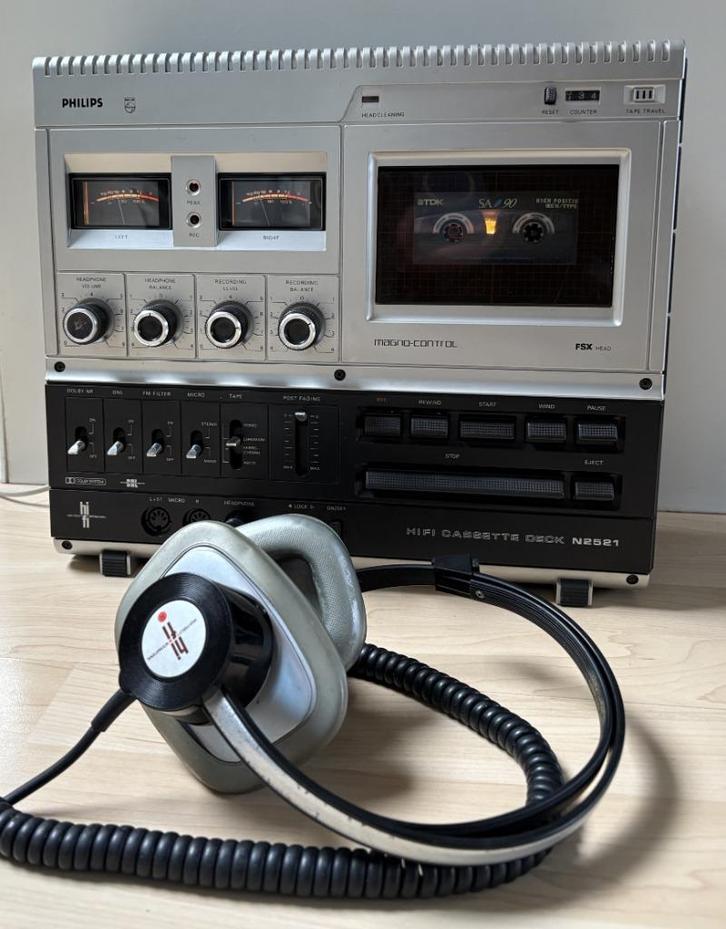 Philips gereviseerde N2521 cassette deck met koptelefoon, Audio, Tv en Foto, Cassettedecks, Enkel, Philips, Tiptoetsen, Tape counter