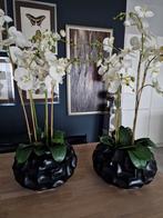 2x zwart schelpenvazen vaas met kunst orchideen, Huis en Inrichting, Woonaccessoires | Vazen, Kunststof, Zwart, Ophalen of Verzenden