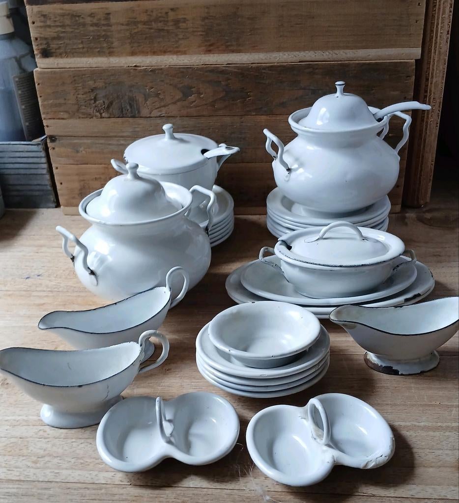 Emaille wit kinder eet servies, Antiek en Kunst, Ophalen of Verzenden