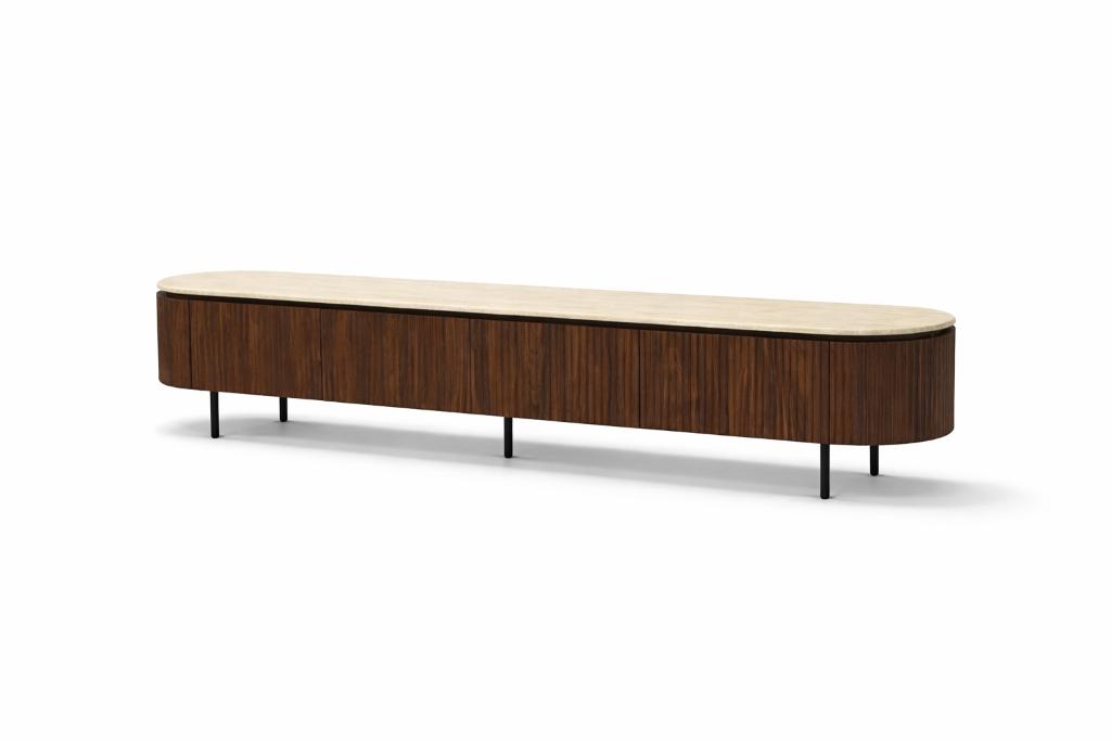tv dressoir japandi met travertine top Dark brown of Walnoot, Nieuw, Ophalen of Verzenden, Japnadi takumi collectie, 200 cm of meer