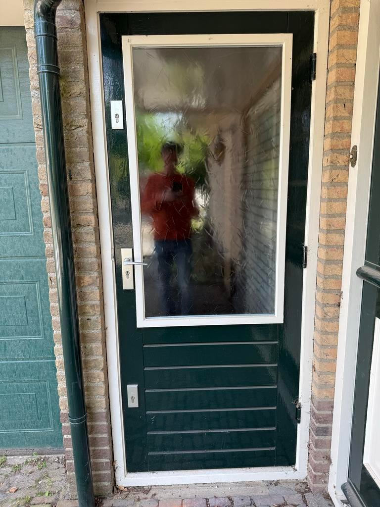 Donkergroene buitendeur met glas en panelen, Ophalen, Gebruikt, 80 tot 100 cm, Buitendeur