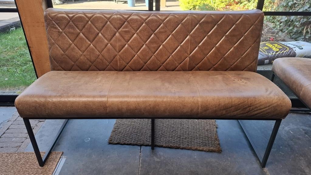 2 Eetkamerbanken Cognac rundleder, Huis en Inrichting, Ophalen, Gebruikt, Minder dan 75 cm, Driepersoons