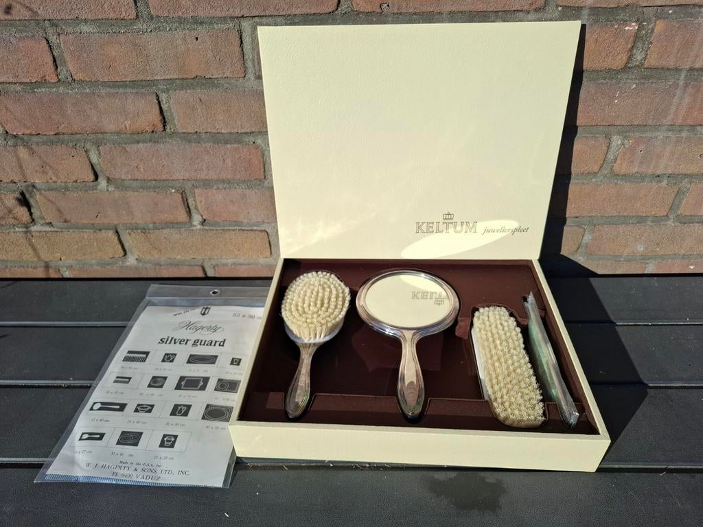 Vintage zilver make up spiegel set met originele doos, Ophalen of Verzenden, Rond, Minder dan 50 cm