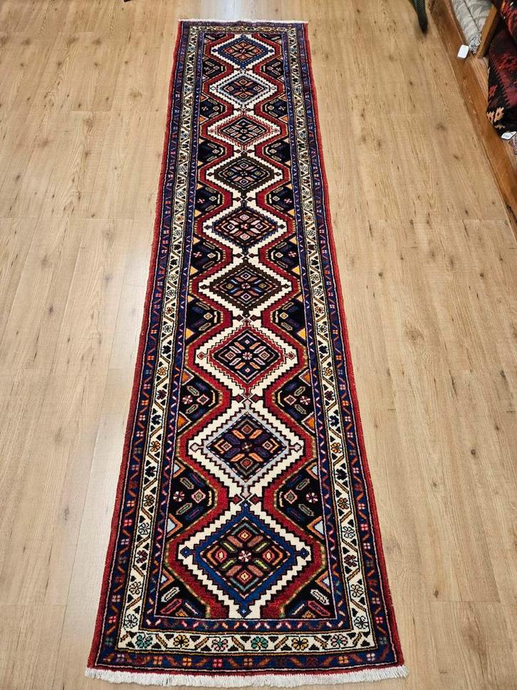 Vintage handgeknoopt perzisch tapijt loper hamadan 305x72, Huis en Inrichting, Stoffering | Tapijten en Kleden, Gebruikt, 50 tot 100 cm