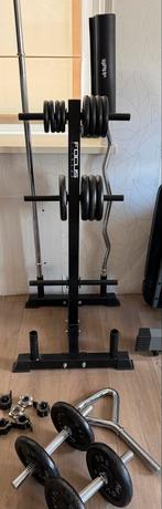 Home gym set 30 mm met halterstang, EZ bar, dumbbells en rek, Ophalen, Armen, Zo goed als nieuw, Halterset