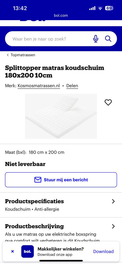Split topper, Huis en Inrichting, Slaapkamer | Matrassen en Bedbodems, Ophalen, Matras, 180 cm, 200 cm