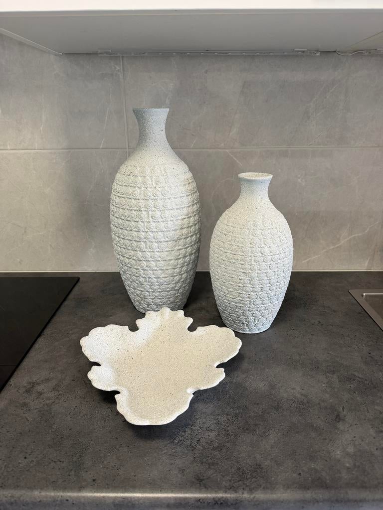 Prachtige Set Vazen & Schaal • White Luna Stijl • Betonlook, Ophalen, Wit, Aardewerk of Porselein, Minder dan 50 cm
