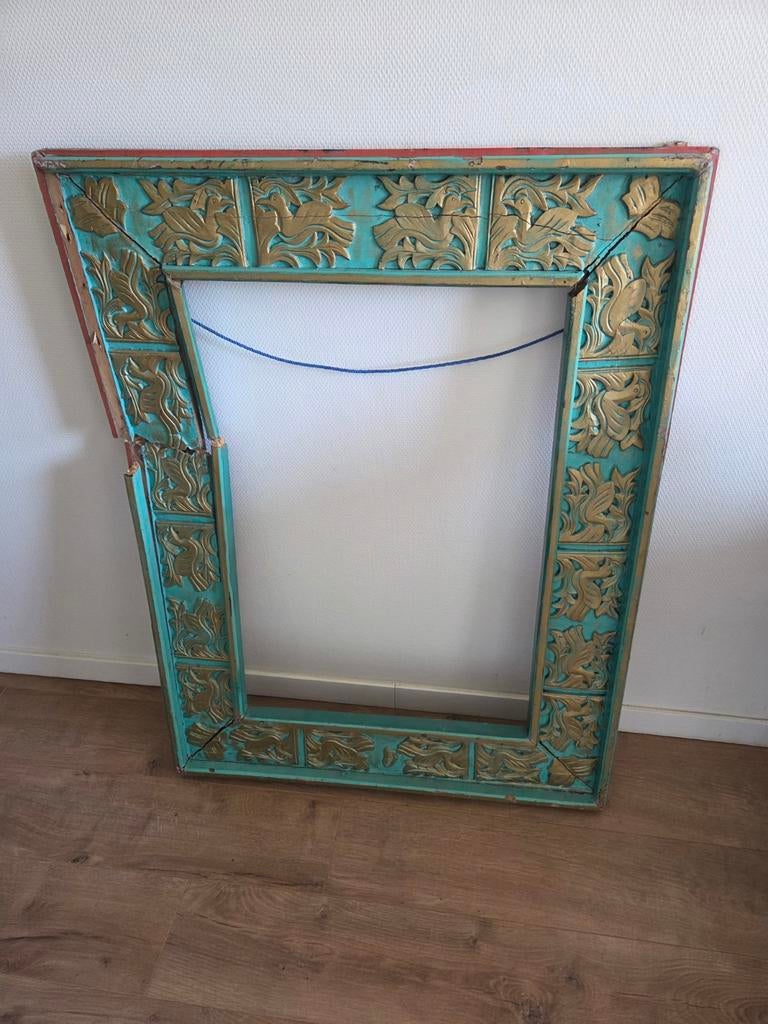 Decoratieve Houten Lijst - Turquoise & Goud (beschadigd), Huis en Inrichting, Woonaccessoires | Lijsten, Gebruikt, Ophalen of Verzenden