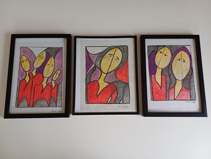 Set van drie ingelijste abstracte tekeningen., Antiek en Kunst, Kunst | Schilderijen | Abstract, Ophalen