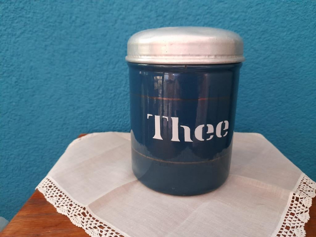 Vintage emaille theebus - petrol met gouden bies, Antiek en Kunst, Ophalen of Verzenden